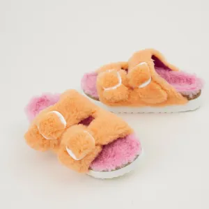 Birkenstock Orange and Pink Shearling Sandals