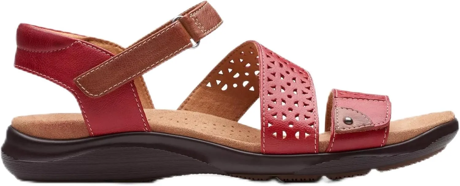 Clarks Women's Kitly Way Flat Sandal, Cherry Leather, 6.5