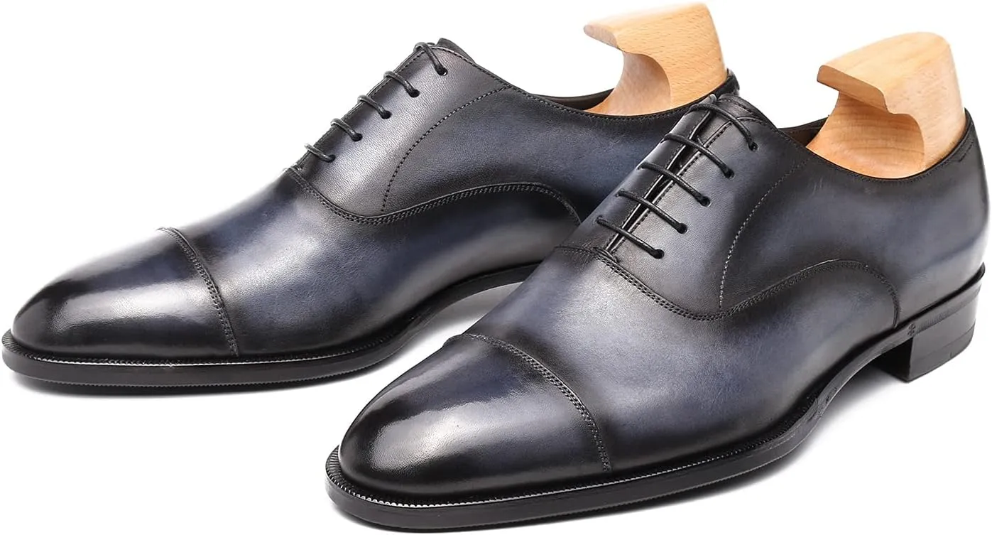 Classic Derby Oxford for Men Hand Made Custom Genuine Full Grain Leather Burnished Cap Toe Dress Shoes Block Heel Lace up Hand Stitching