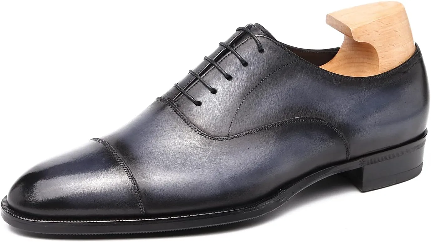 Classic Derby Oxford for Men Hand Made Custom Genuine Full Grain Leather Burnished Cap Toe Dress Shoes Block Heel Lace up Hand Stitching