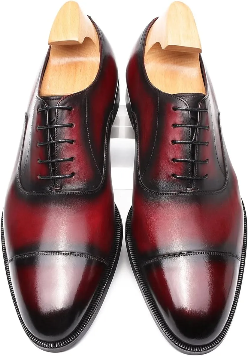 Classic Derby Oxford for Men Hand Made Custom Genuine Full Grain Leather Burnished Cap Toe Dress Shoes Block Heel Lace up Hand Stitching
