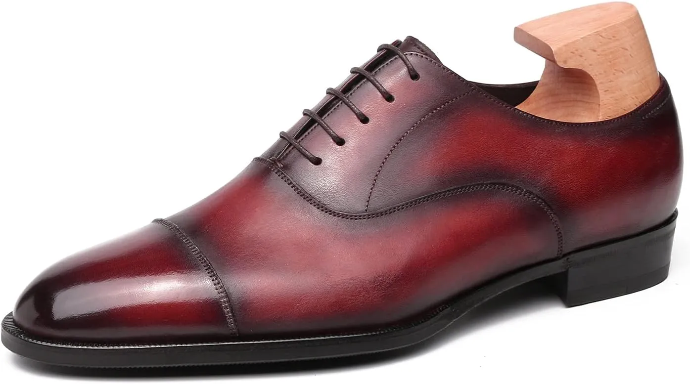 Classic Derby Oxford for Men Hand Made Custom Genuine Full Grain Leather Burnished Cap Toe Dress Shoes Block Heel Lace up Hand Stitching