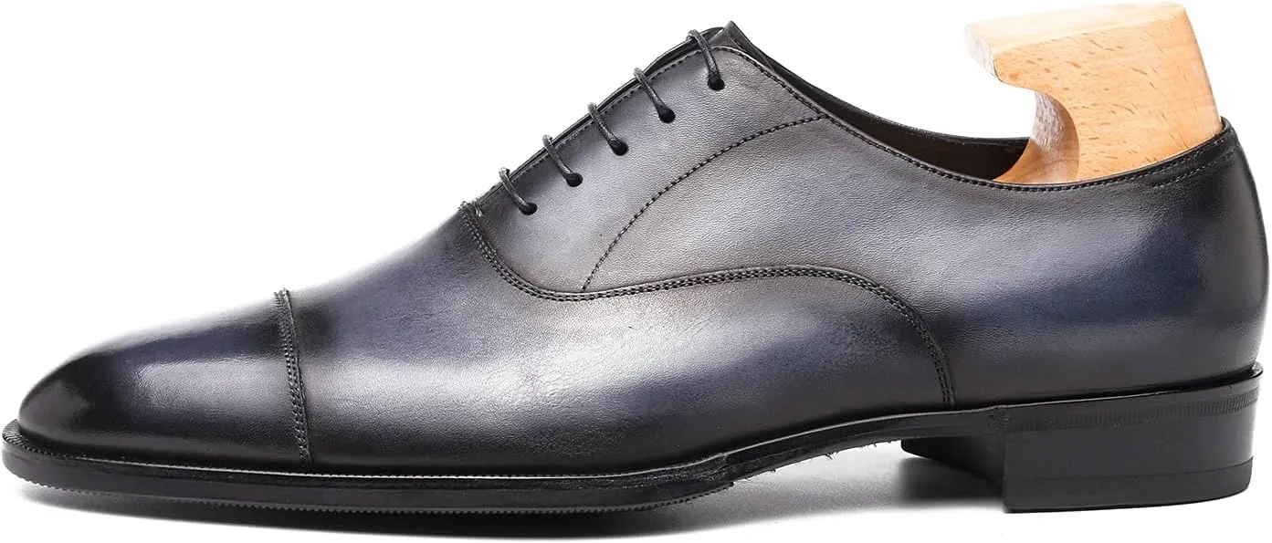 Classic Derby Oxford for Men Hand Made Custom Genuine Full Grain Leather Burnished Cap Toe Dress Shoes Block Heel Lace up Hand Stitching