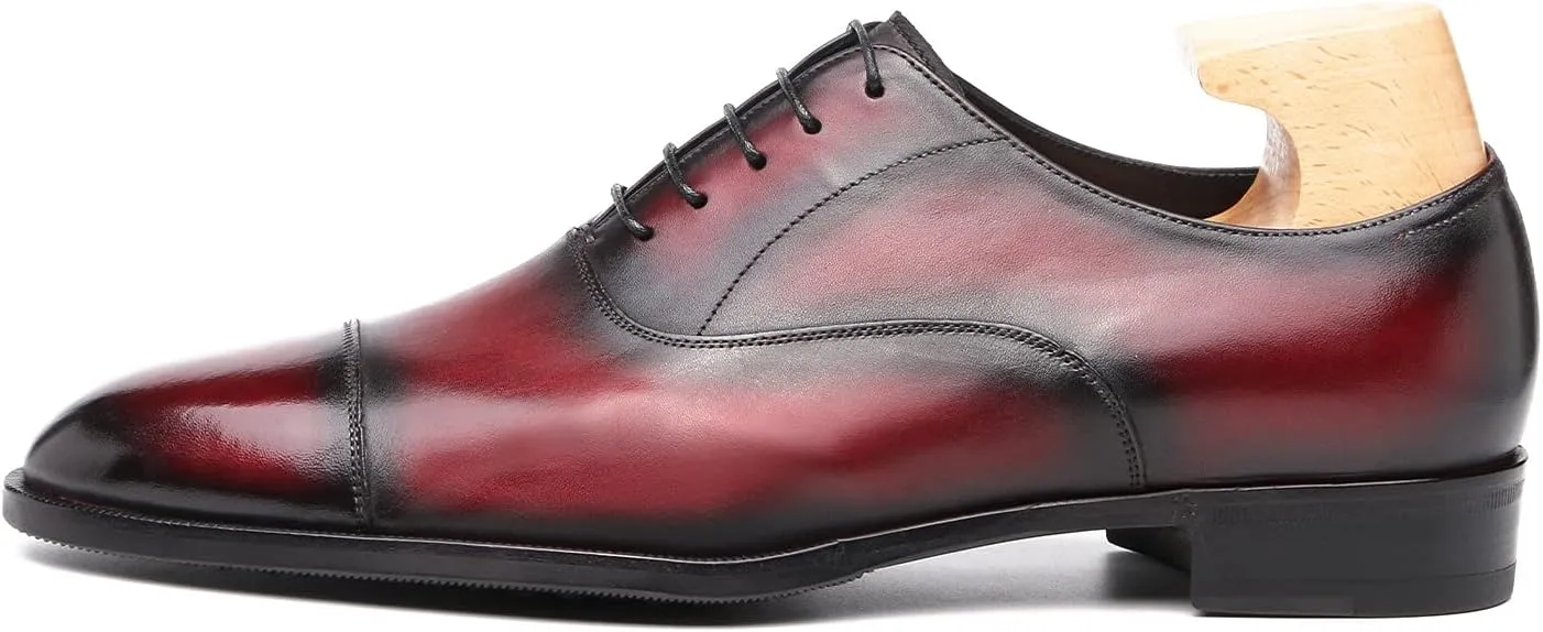 Classic Derby Oxford for Men Hand Made Custom Genuine Full Grain Leather Burnished Cap Toe Dress Shoes Block Heel Lace up Hand Stitching