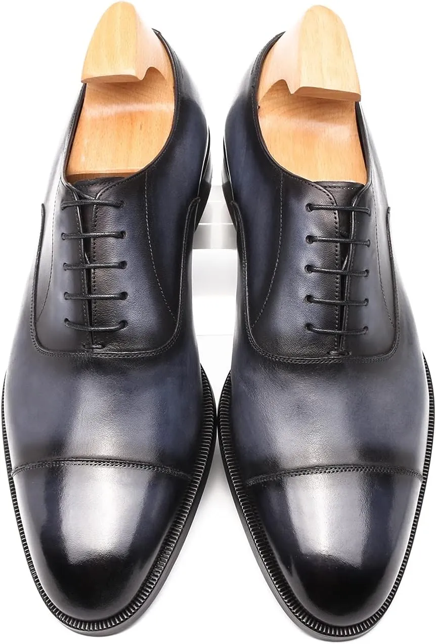 Classic Derby Oxford for Men Hand Made Custom Genuine Full Grain Leather Burnished Cap Toe Dress Shoes Block Heel Lace up Hand Stitching