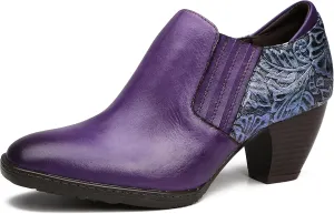 CrazycatZ Leather Pumps,Womens Colorful Vintage Block Heel Shoes Pumps