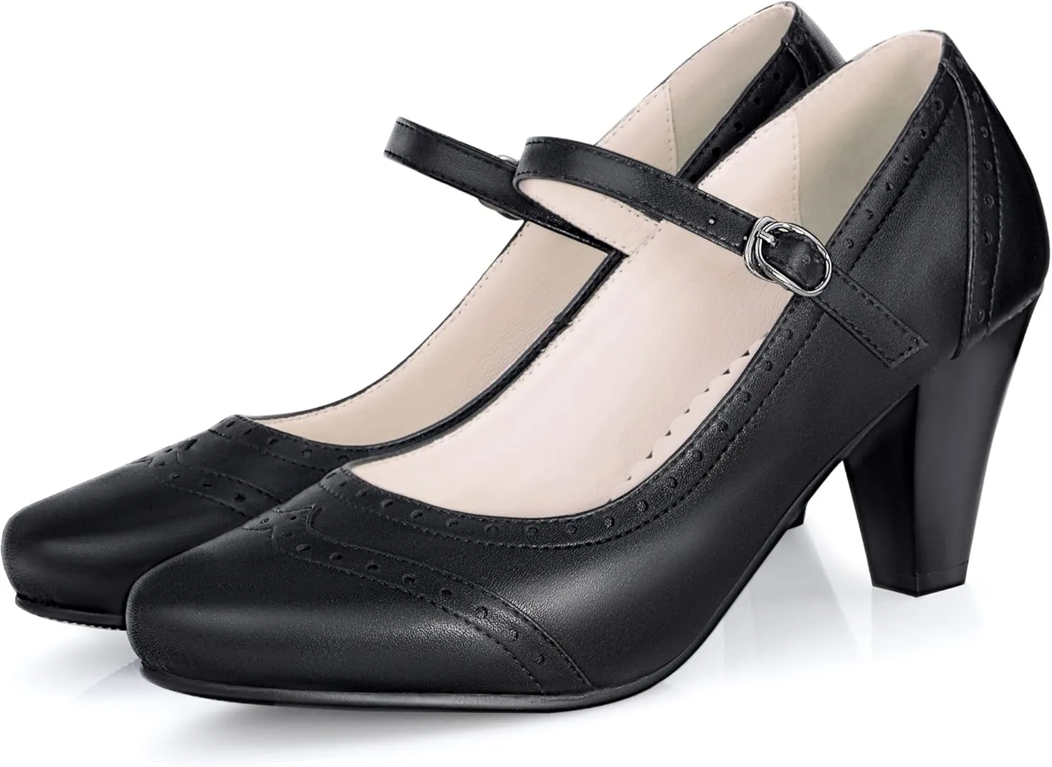 Elerhythm Women's Two Tone Mary Jane Classic and Retro 1920s Pump Heels Oxford Pattern 1950s Vintage Round Closed Toe Ankle Strap Dress Shoes