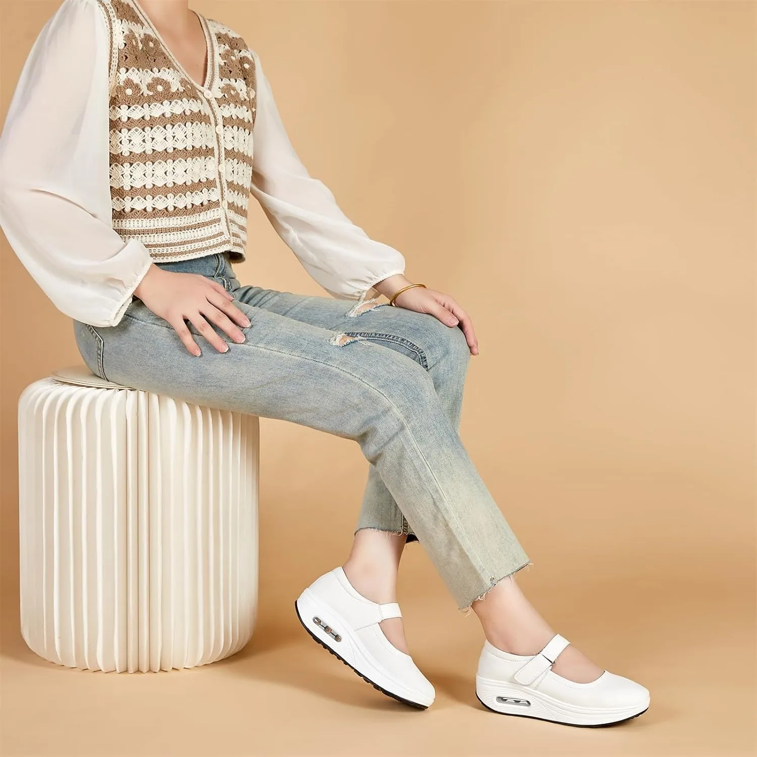 EnllerviiD Women Mary Jane Shoes Buckle Air-Cushion Casual Chunky Heel Round Toe Uniform Dress Platform Wedge Shoes Comfort Pumps Walking Shoes