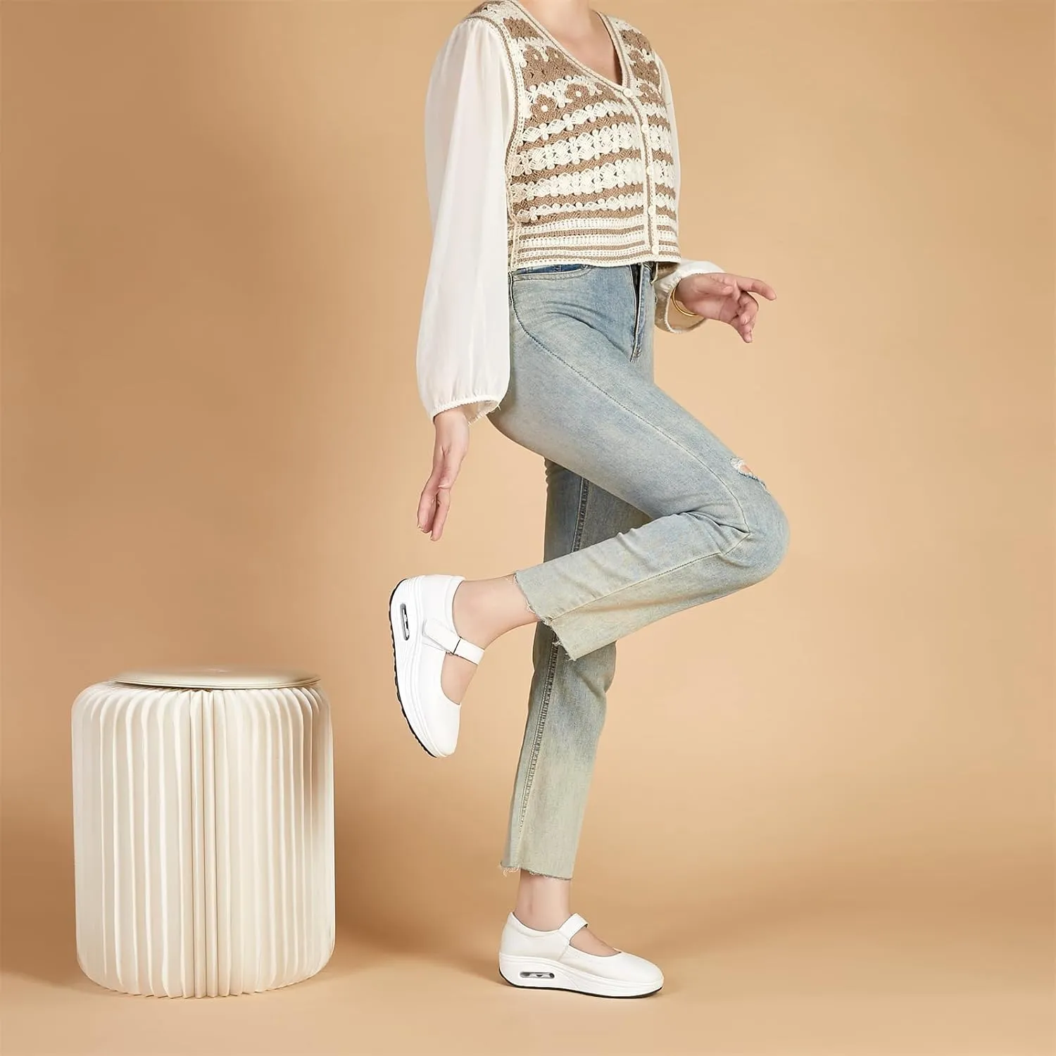 EnllerviiD Women Mary Jane Shoes Buckle Air-Cushion Casual Chunky Heel Round Toe Uniform Dress Platform Wedge Shoes Comfort Pumps Walking Shoes