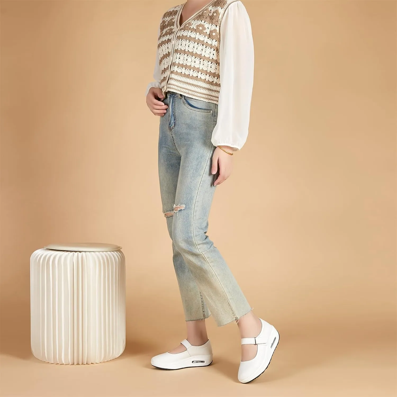 EnllerviiD Women Mary Jane Shoes Buckle Air-Cushion Casual Chunky Heel Round Toe Uniform Dress Platform Wedge Shoes Comfort Pumps Walking Shoes
