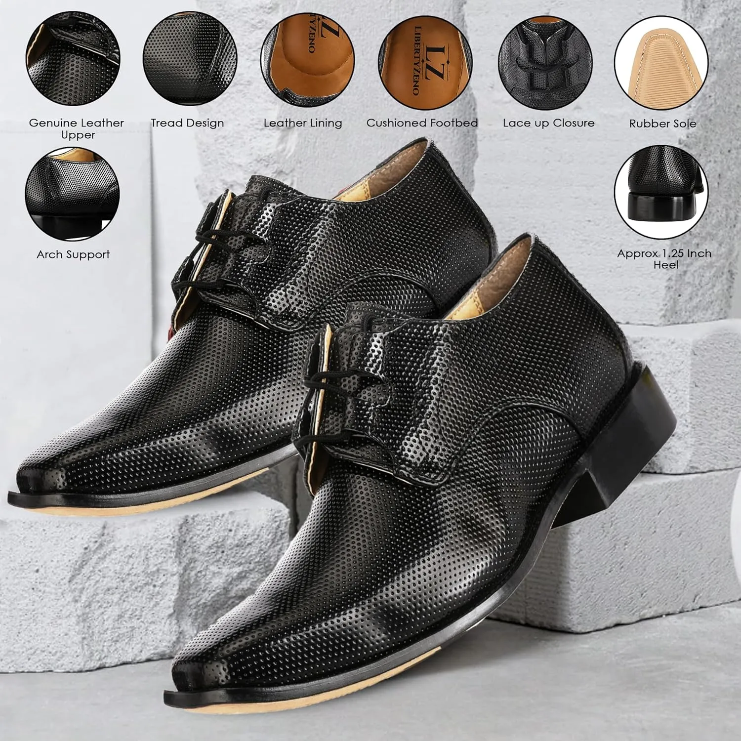 LIBERTYZENO Mens Genuine Leather Classic Tread Design Lace Up Oxford Dress Shoes