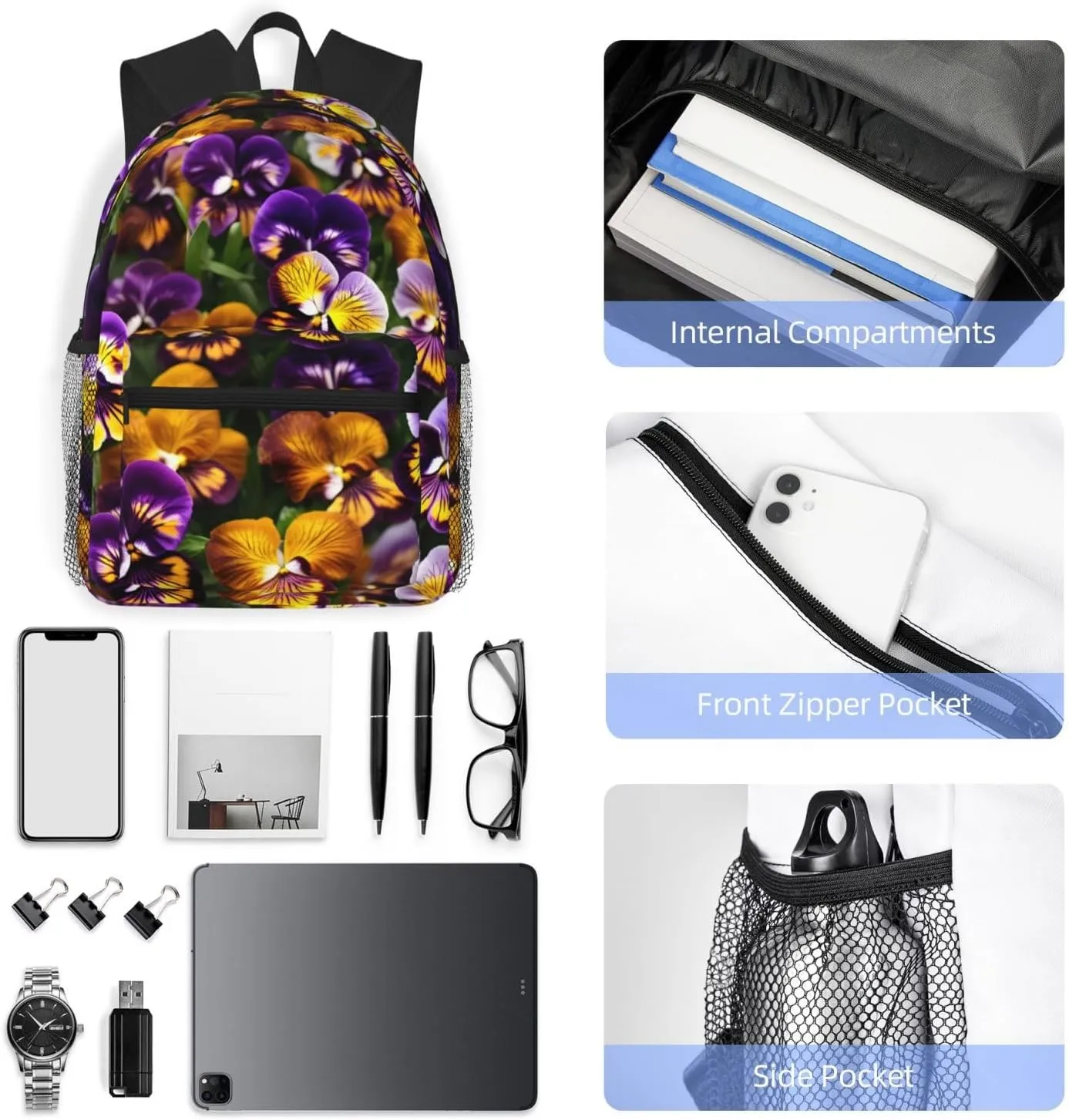 Lightweight Laptop Backpack,Casual Daypack Travel Backpack Bookbag Work Bag for Men and Women-Pansy Perfection