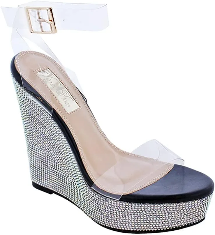 Liliana Women Clear Lucite Rhinestone Platform Wedge Sandal