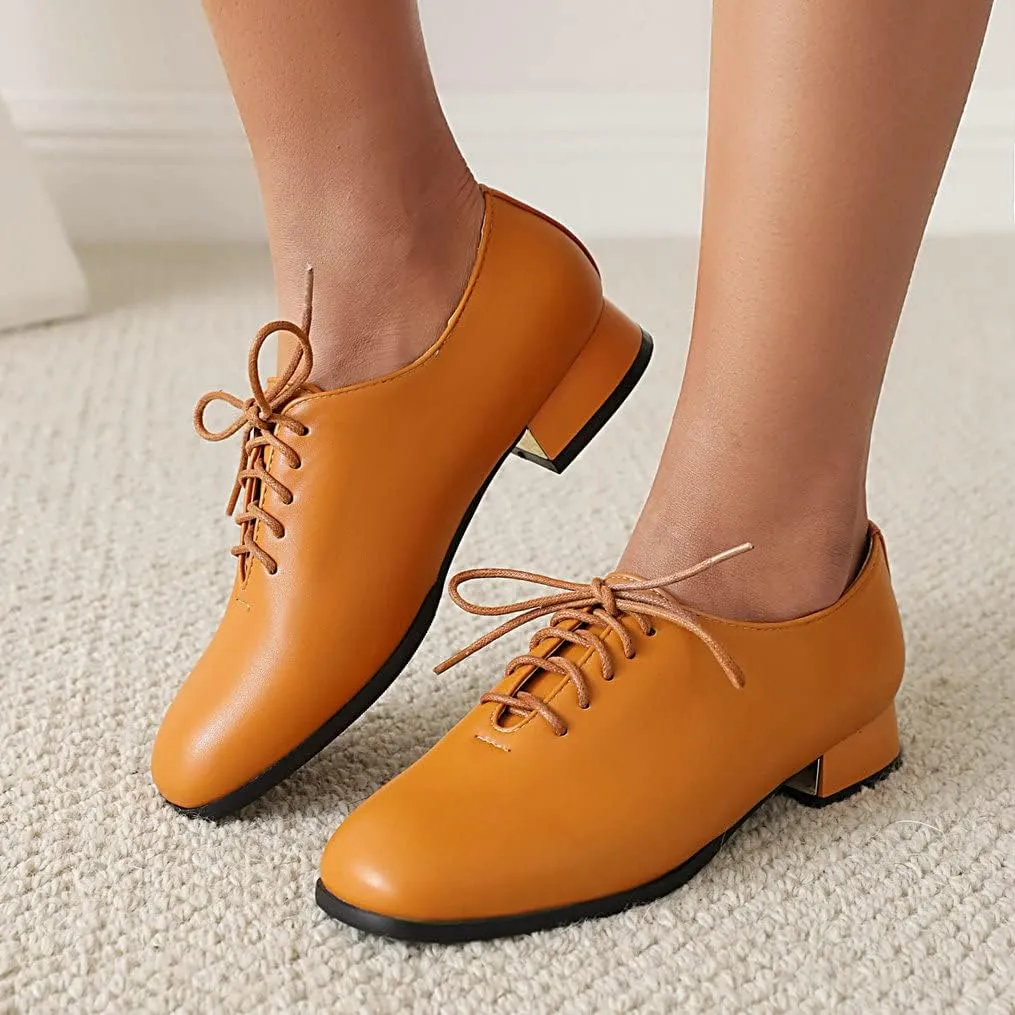Meefit Ladies Square to Oxford Shoes Low Heel Lace Up Chunky Heel Pumps