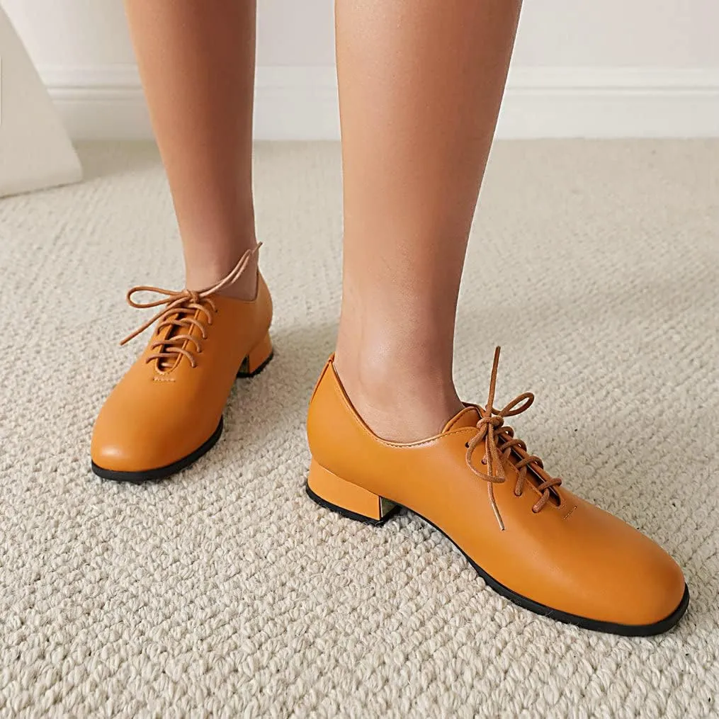 Meefit Ladies Square to Oxford Shoes Low Heel Lace Up Chunky Heel Pumps