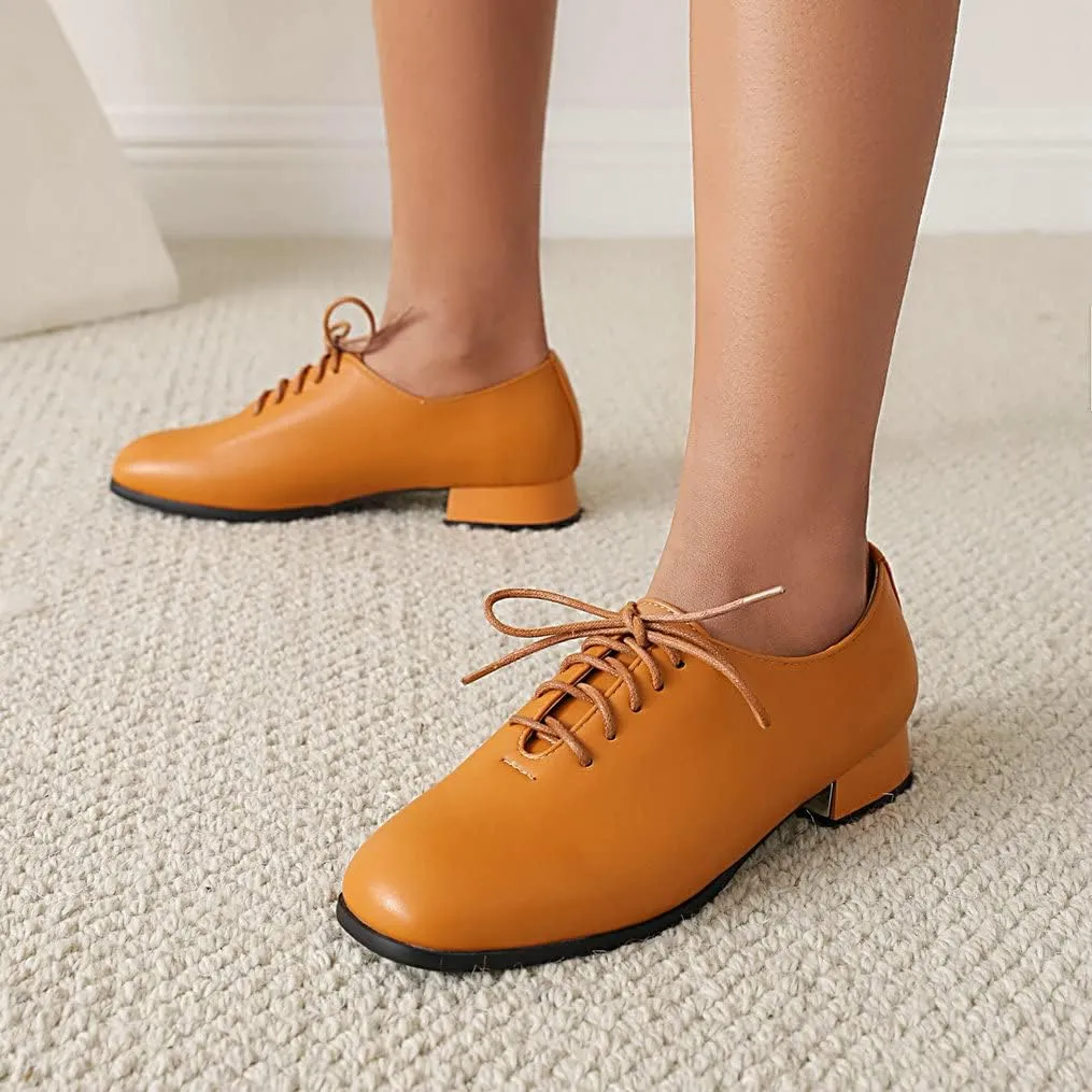 Meefit Ladies Square to Oxford Shoes Low Heel Lace Up Chunky Heel Pumps