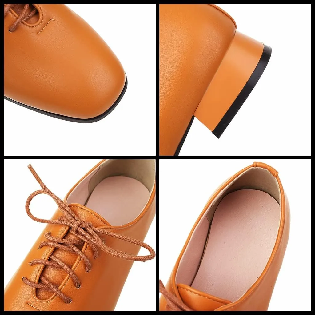 Meefit Ladies Square to Oxford Shoes Low Heel Lace Up Chunky Heel Pumps