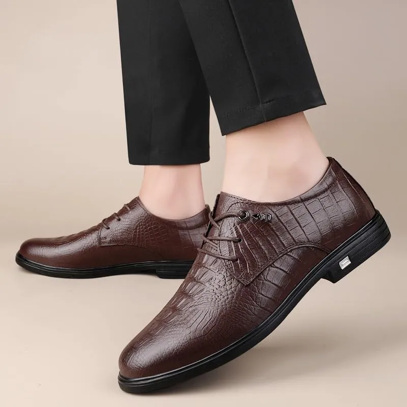 Men's Classic Lace Up Leather Shoes Fashionable Crocodile Pattern Oxfords Shoes Daily Low Top Non Slip Walking