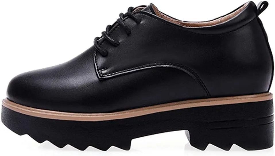 MIOKE Women's Casual Lace Up Platform Oxford Shoes Round Toe Chunky Hidden Wedge Mid Heel Oxfords Brogues