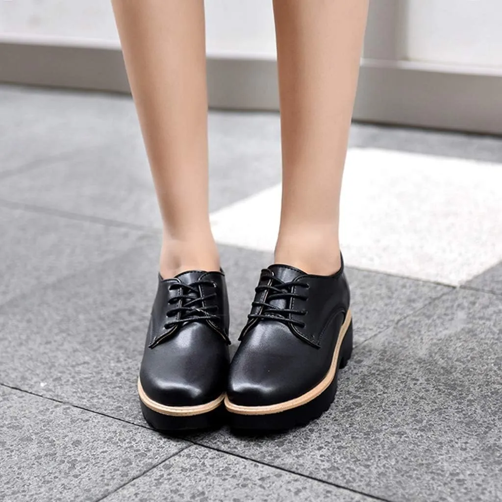 MIOKE Women's Casual Lace Up Platform Oxford Shoes Round Toe Chunky Hidden Wedge Mid Heel Oxfords Brogues