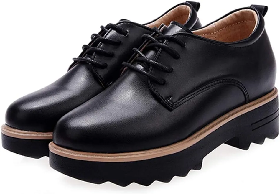 MIOKE Women's Casual Lace Up Platform Oxford Shoes Round Toe Chunky Hidden Wedge Mid Heel Oxfords Brogues