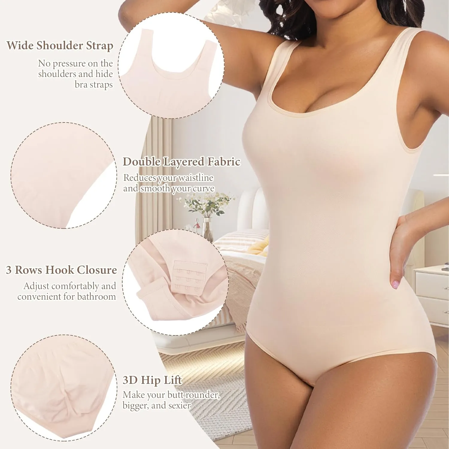 ONEW Shapewear Bodysuits Tummy Control Body Shaper Seamless Waist Trainer for Women Scoop Neck Going out Tops