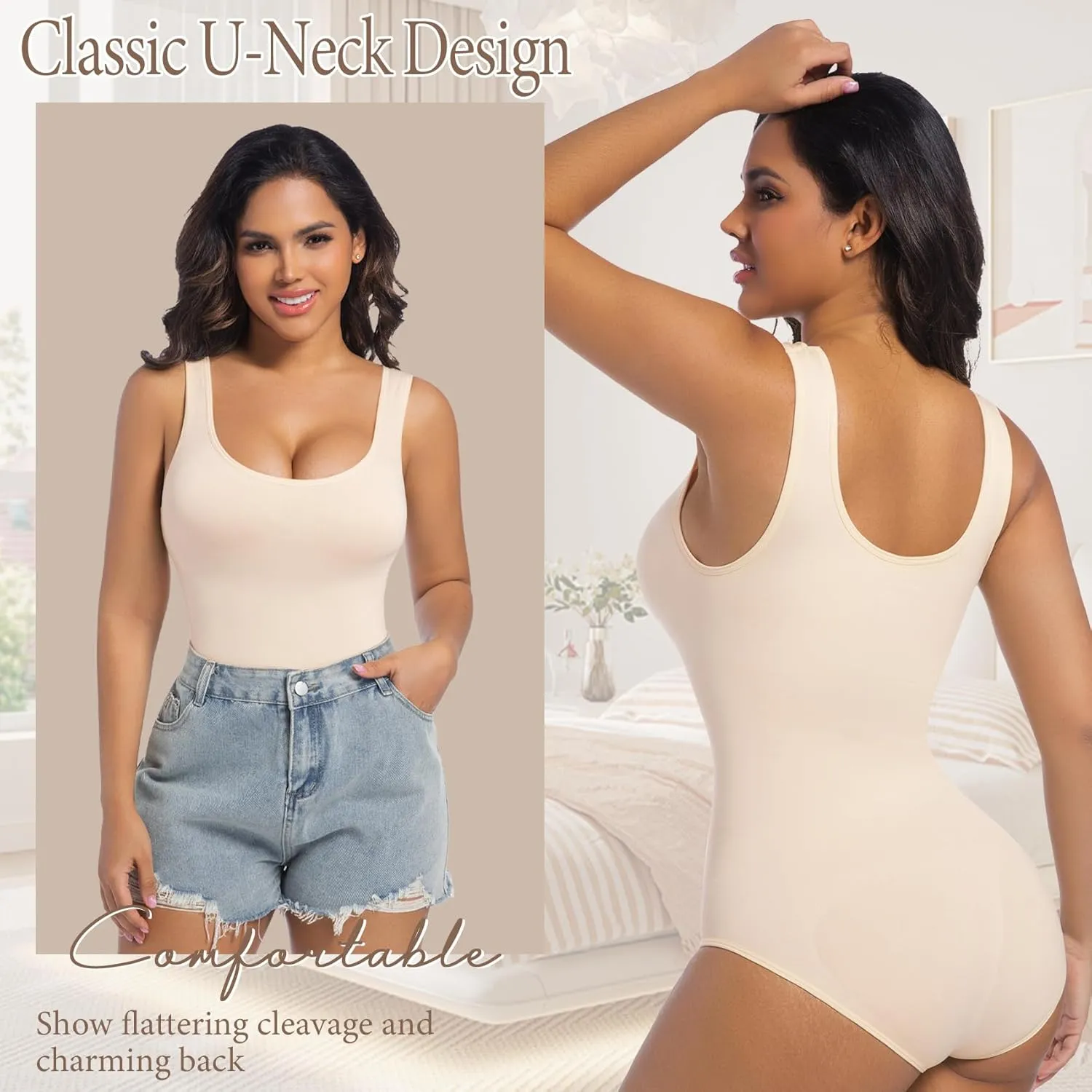 ONEW Shapewear Bodysuits Tummy Control Body Shaper Seamless Waist Trainer for Women Scoop Neck Going out Tops