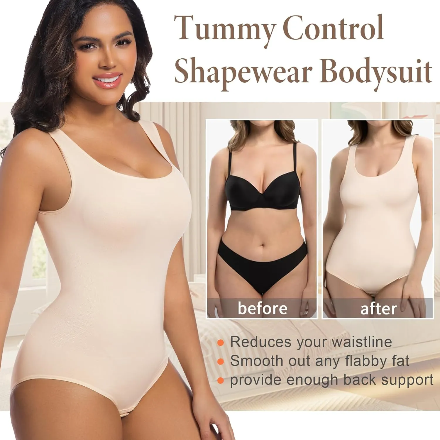 ONEW Shapewear Bodysuits Tummy Control Body Shaper Seamless Waist Trainer for Women Scoop Neck Going out Tops