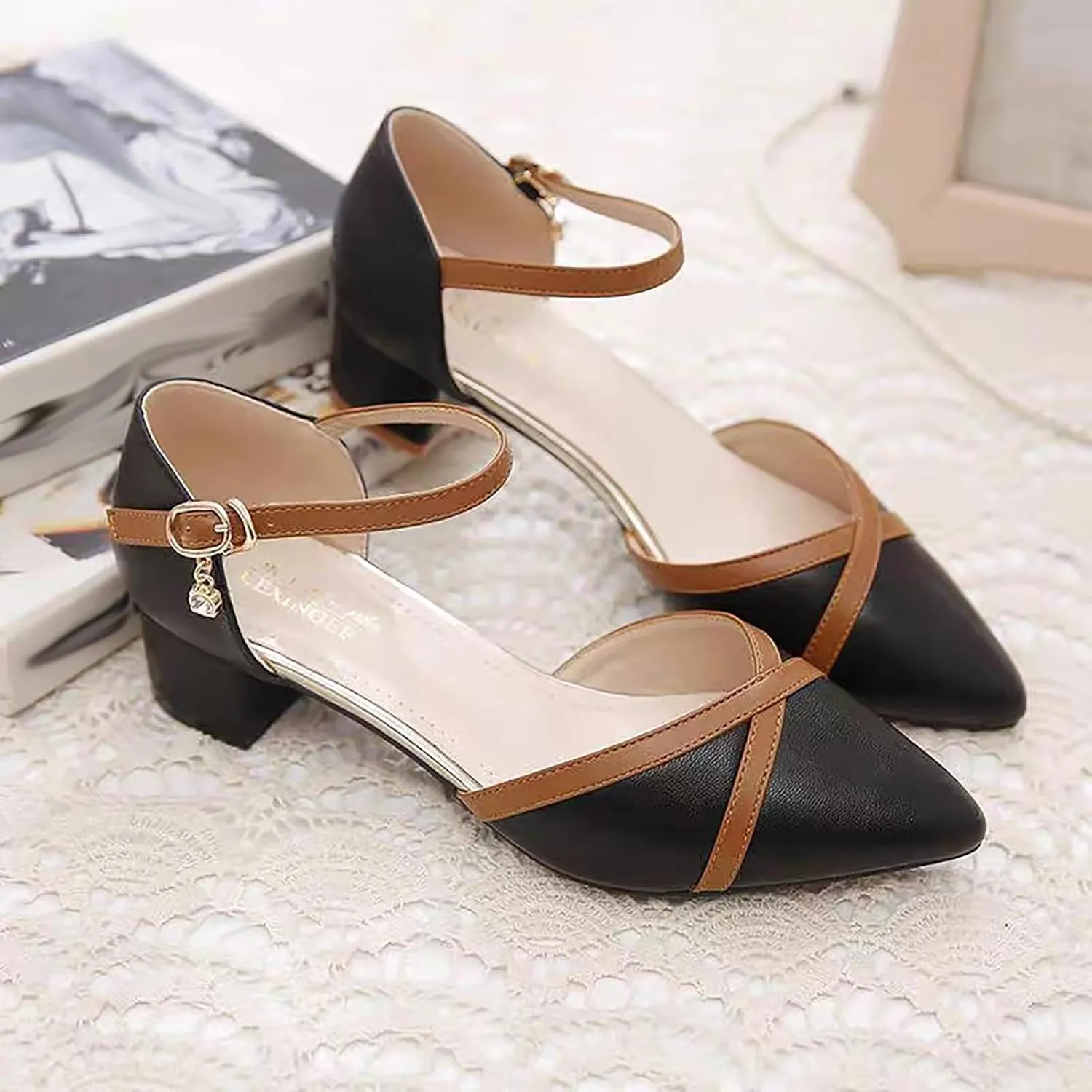 Package Head Sandals Female Spring And Summer Ladies New With Thick With Buckle In With Pointed Glitter High Heels