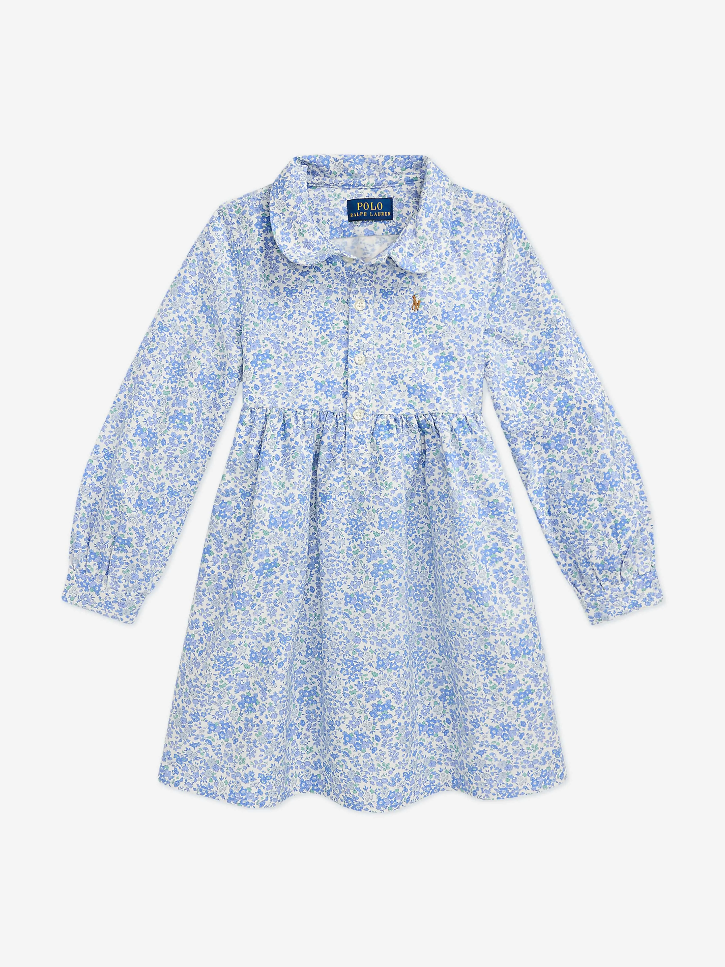 Ralph Lauren Girls Classic Oxford Floral Shirt Dress in Blue