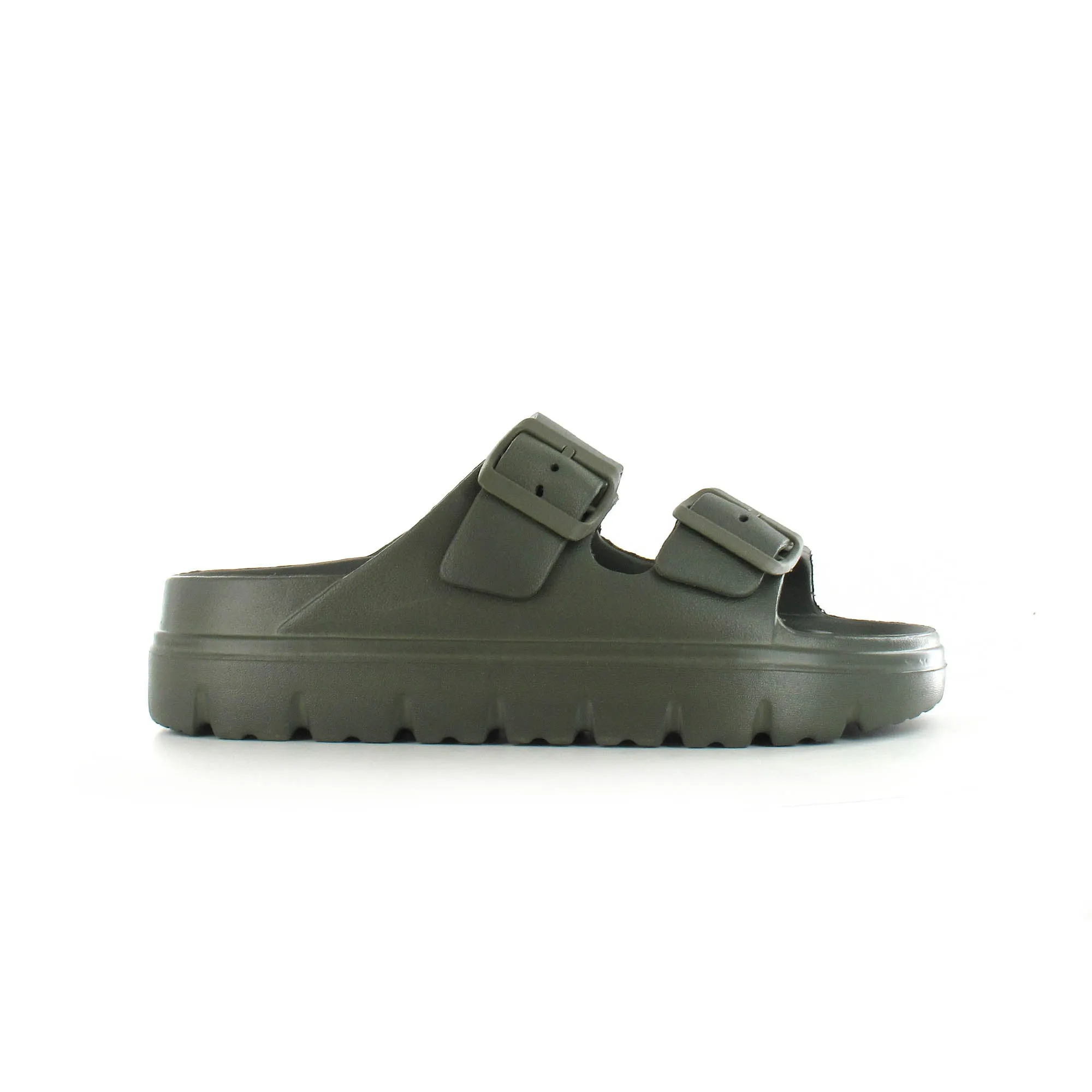Sophia: Women's Double Buckle Two Strap Slides - Khaki