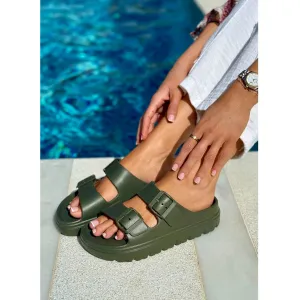 Sophia: Women's Double Buckle Two Strap Slides - Khaki