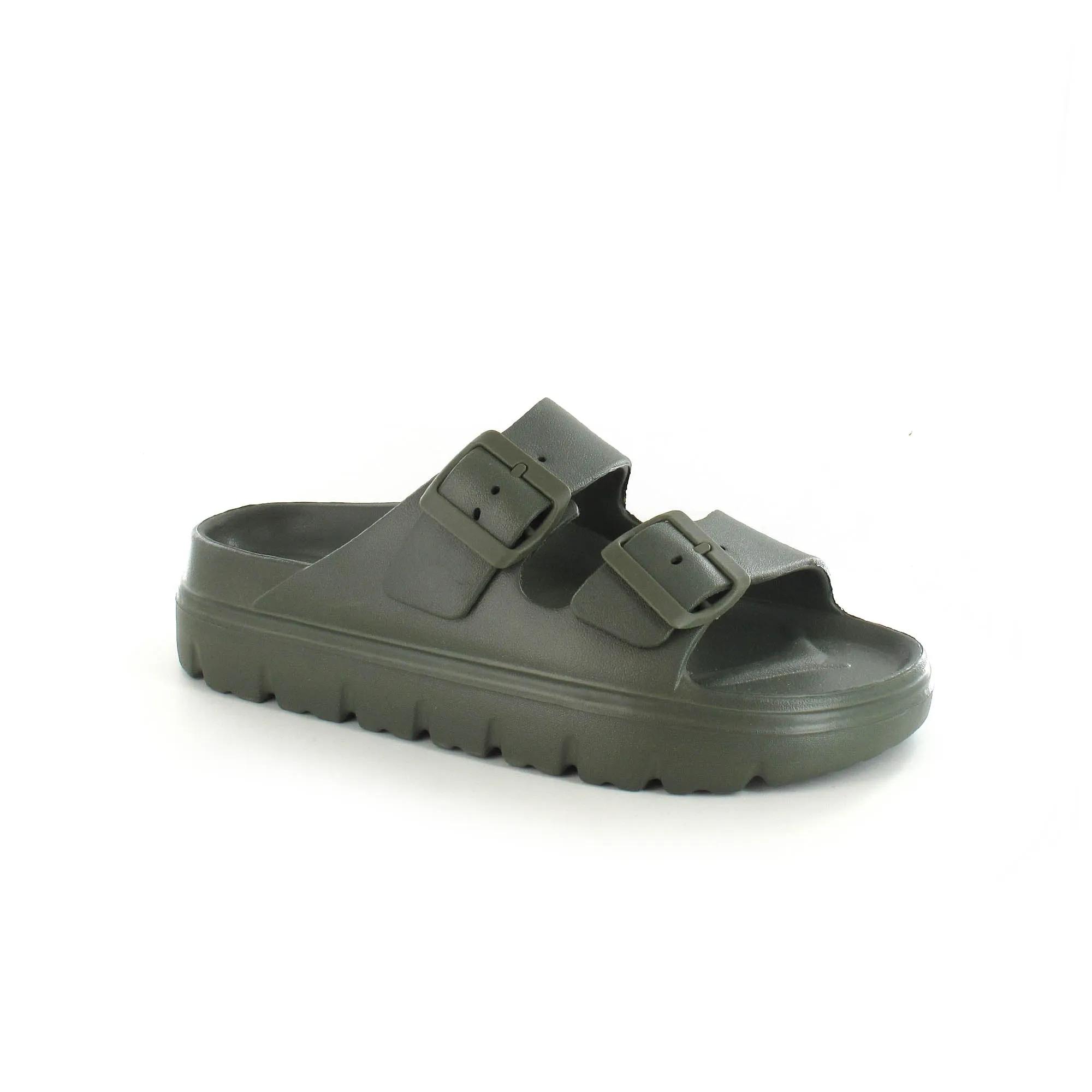 Sophia: Women's Double Buckle Two Strap Slides - Khaki