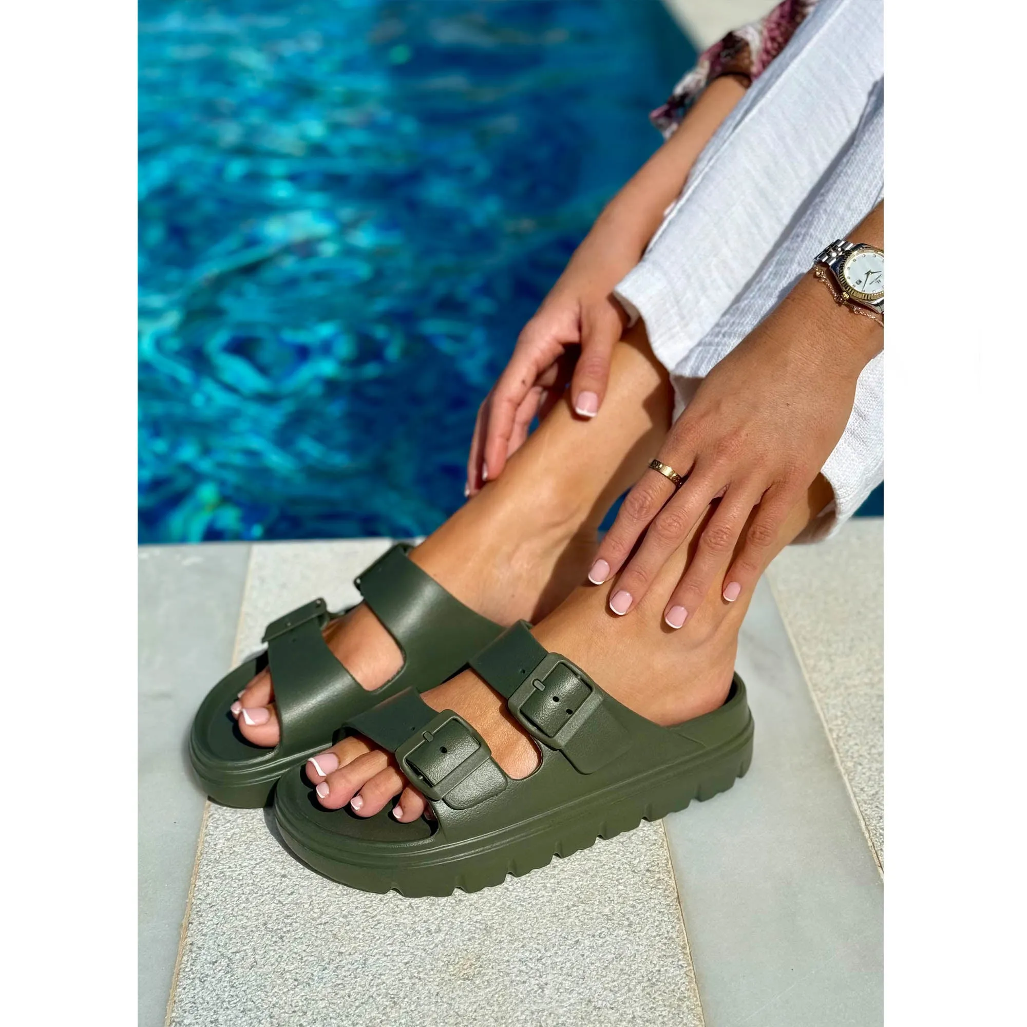 Sophia: Women's Double Buckle Two Strap Slides - Khaki