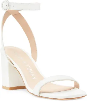Stuart Weitzman Womens White Ankle Strap Padded Nearlybare Square Toe Block Heel Buckle Leather Heeled Sandal 8 M