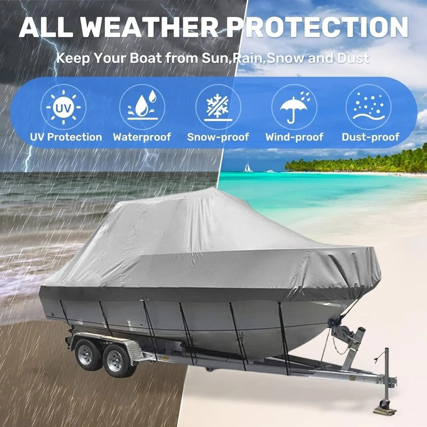Trailerable Boat Cover,Deck Boat Covers Boat Tarp Heavy Duty 300D Oxford Fabric Waterproof UV Resistant Center Console Cover Mooring Cover fits V-Hull Yacht(Size:14to16FT: 530x290cm)