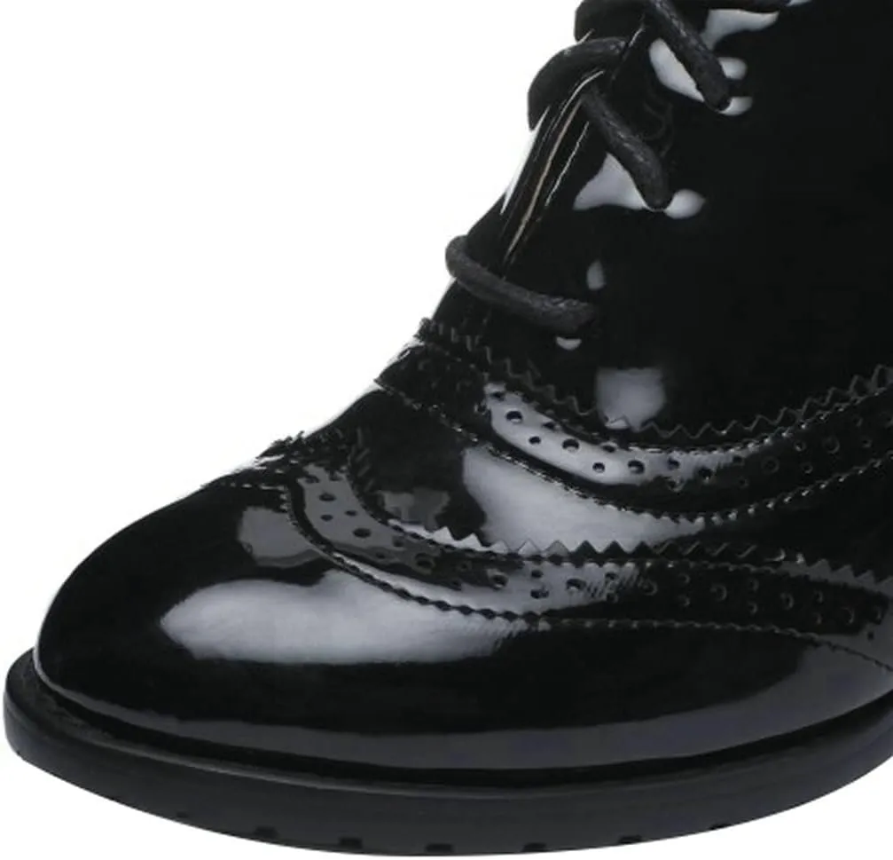 UniqueStride Womens Vintage Brogues Oxford Lace up Chunky Mid Heel Pumps Closed Round Toe Wingtip Patent Leather Shoes