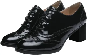 UniqueStride Womens Vintage Brogues Oxford Lace up Chunky Mid Heel Pumps Closed Round Toe Wingtip Patent Leather Shoes