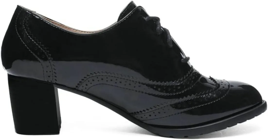 UniqueStride Womens Vintage Brogues Oxford Lace up Chunky Mid Heel Pumps Closed Round Toe Wingtip Patent Leather Shoes