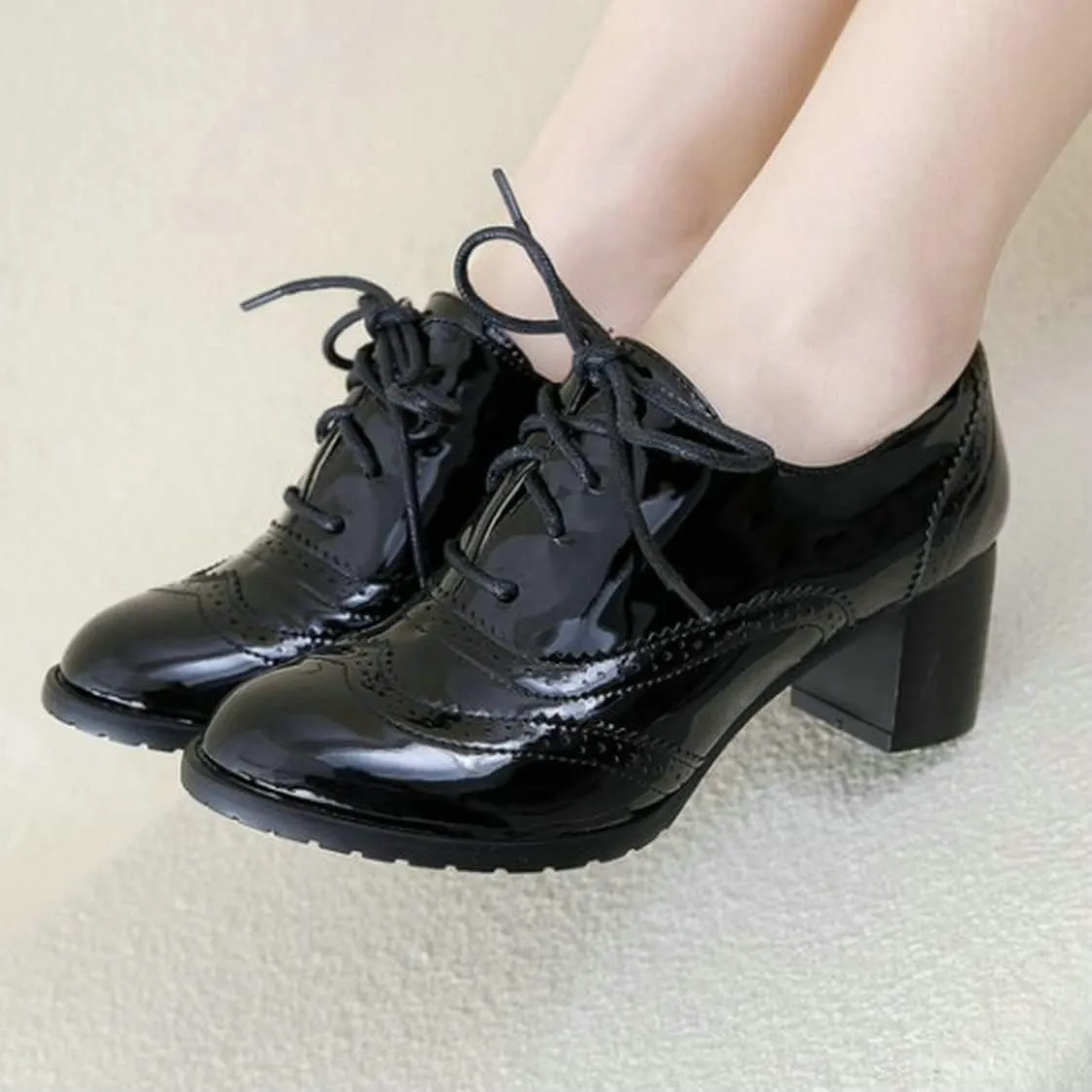 UniqueStride Womens Vintage Brogues Oxford Lace up Chunky Mid Heel Pumps Closed Round Toe Wingtip Patent Leather Shoes