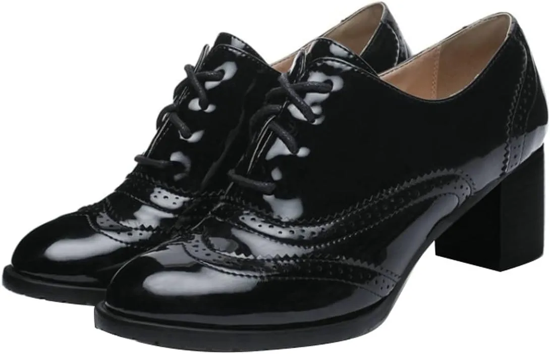 UniqueStride Womens Vintage Brogues Oxford Lace up Chunky Mid Heel Pumps Closed Round Toe Wingtip Patent Leather Shoes