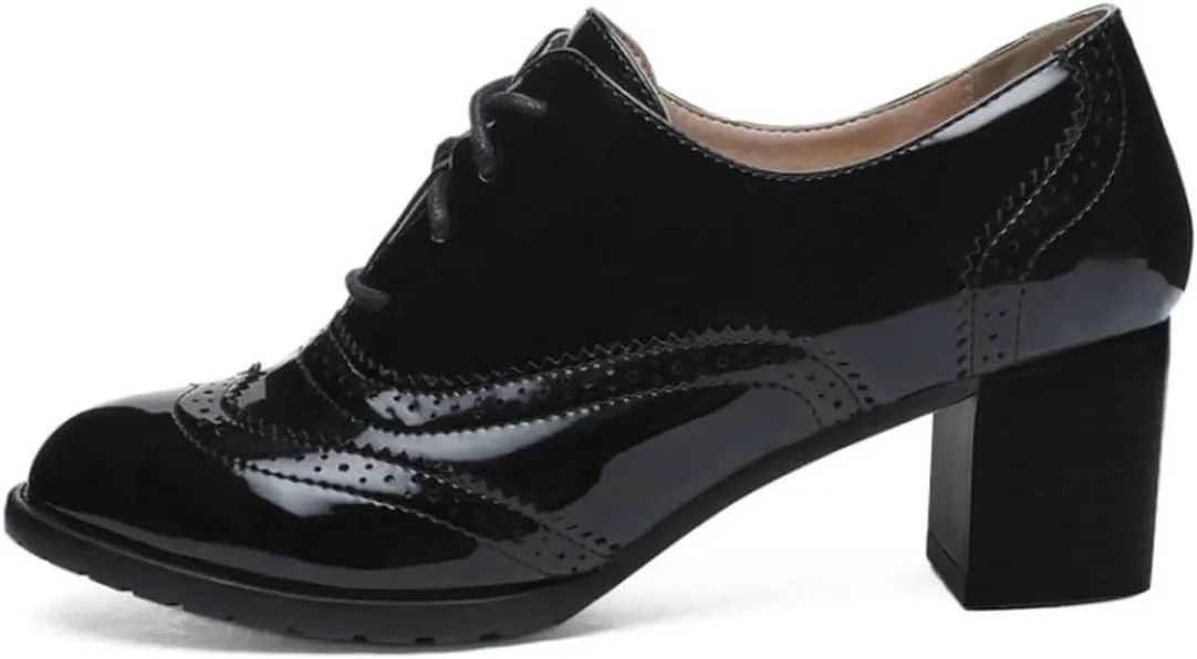 UniqueStride Womens Vintage Brogues Oxford Lace up Chunky Mid Heel Pumps Closed Round Toe Wingtip Patent Leather Shoes