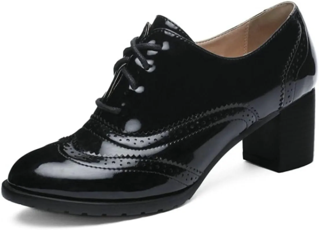 UniqueStride Womens Vintage Brogues Oxford Lace up Chunky Mid Heel Pumps Closed Round Toe Wingtip Patent Leather Shoes