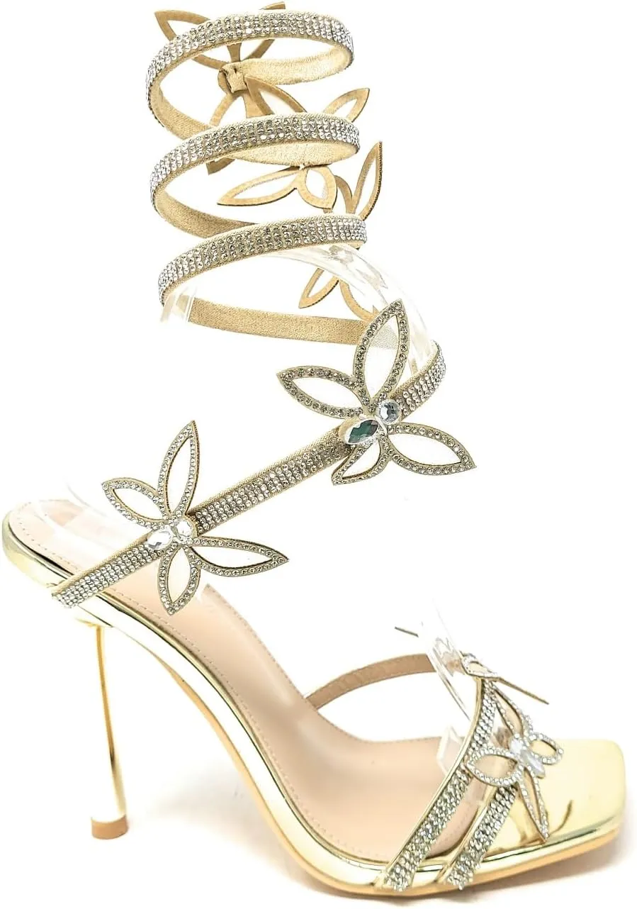 Wild Diva Women's Narala-41A Diamante Butterfly Detail Wrap Around Rhinestone Strap Stiletto Heel Sandal