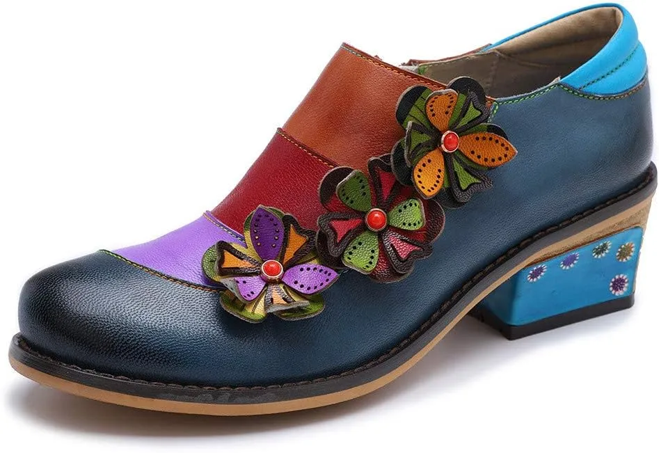 Women Leather Block Heel Pumps Oxford Dress Shoes Exotic Vintage Bohemian Mary Jane Shoes