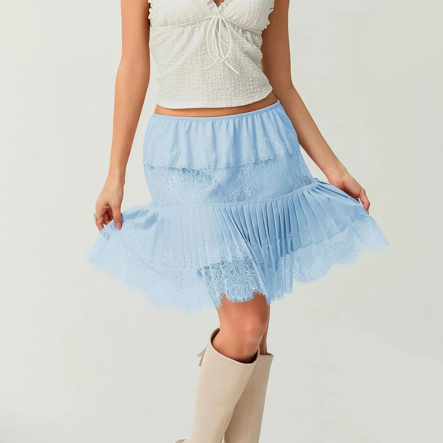 Women Y2k Lace Half Slip Skirt Flowy Ruffle Pleated Mini Skirts Fairy Mesh Floral Mid Rise Layered Short Skirts Underskirt