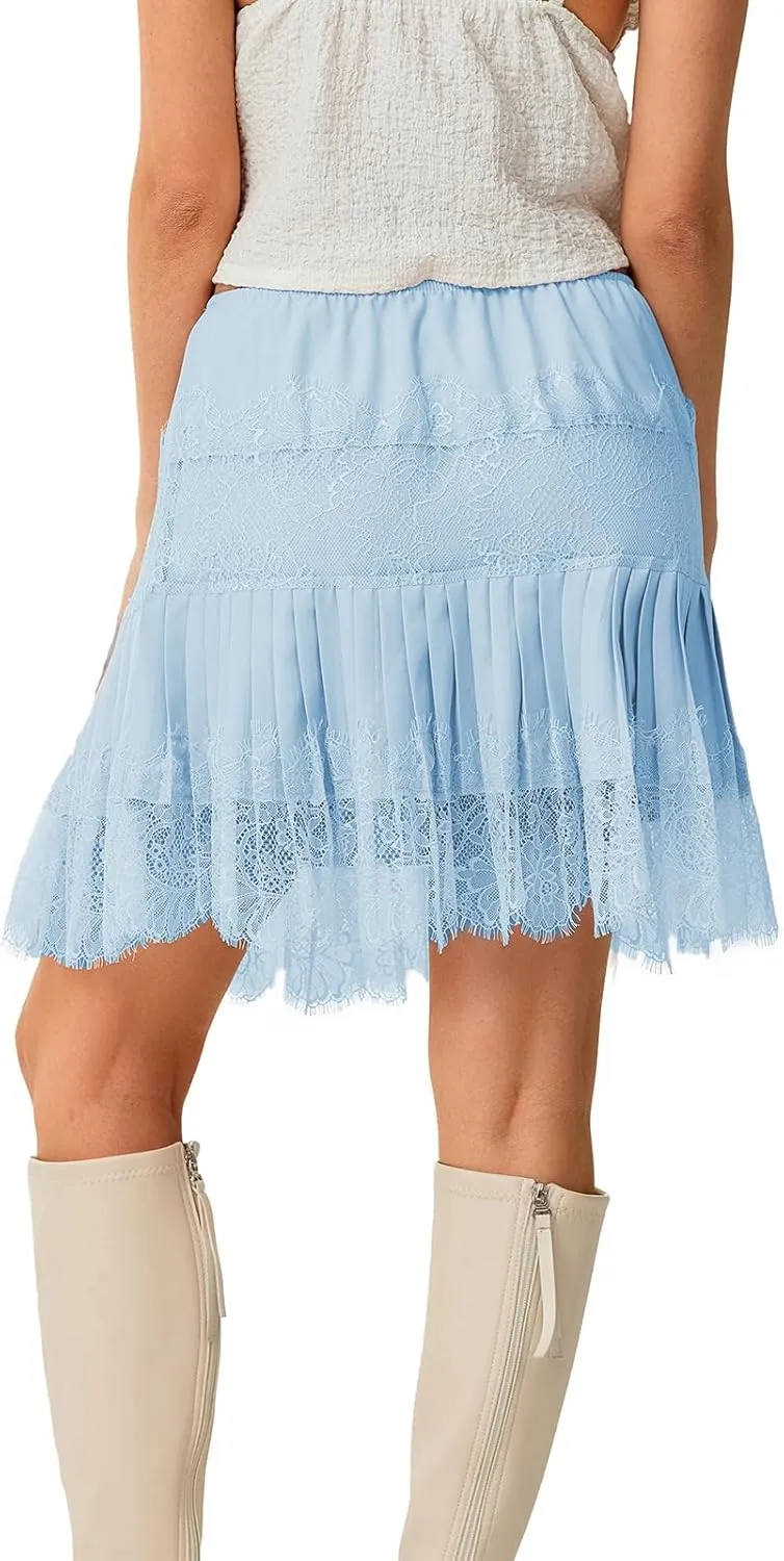 Women Y2k Lace Half Slip Skirt Flowy Ruffle Pleated Mini Skirts Fairy Mesh Floral Mid Rise Layered Short Skirts Underskirt