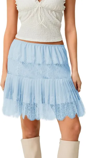 Women Y2k Lace Half Slip Skirt Flowy Ruffle Pleated Mini Skirts Fairy Mesh Floral Mid Rise Layered Short Skirts Underskirt