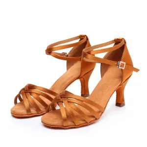 Women's 7 - 10 cm Brown High Heel Sandal with Rhinestone Buckle