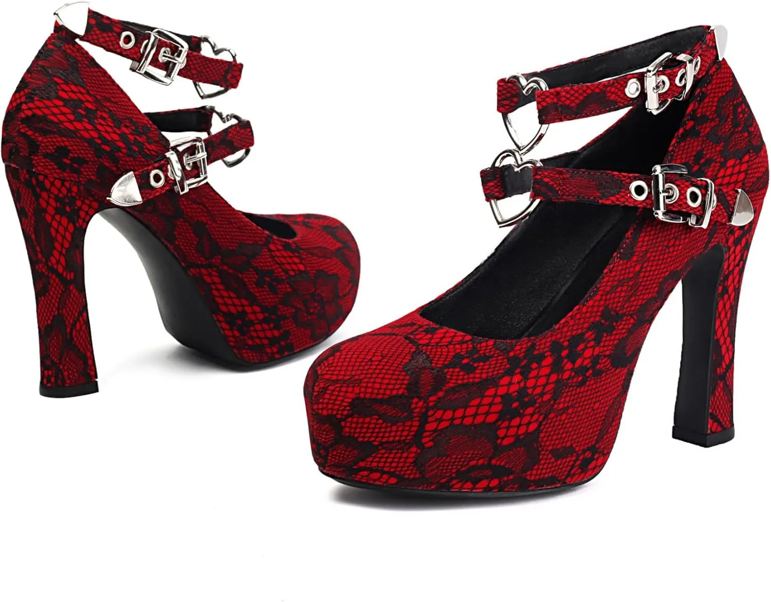 Women's Mary Jane Gothic Close Round Toe Platform Pump High Heels Double Heart Shape Anckle Straps Shoes